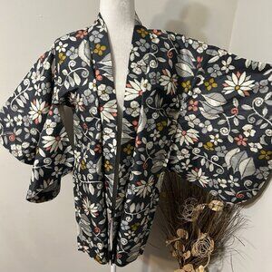 Vtg Japanese Haori Kimono Jacket Meisen Silk Black & Multicolor Floral Lined